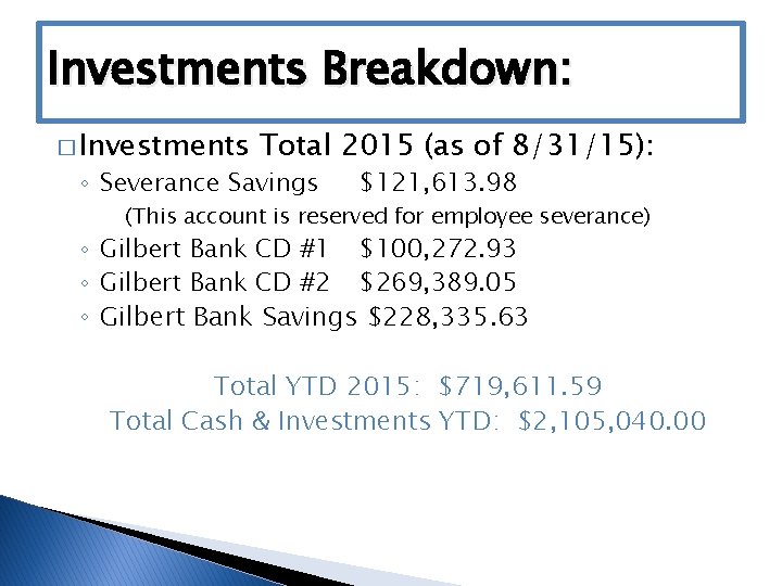 Investments Breakdown: � Investments Total 2015 (as of 8/31/15): ◦ Severance Savings $121, 613.