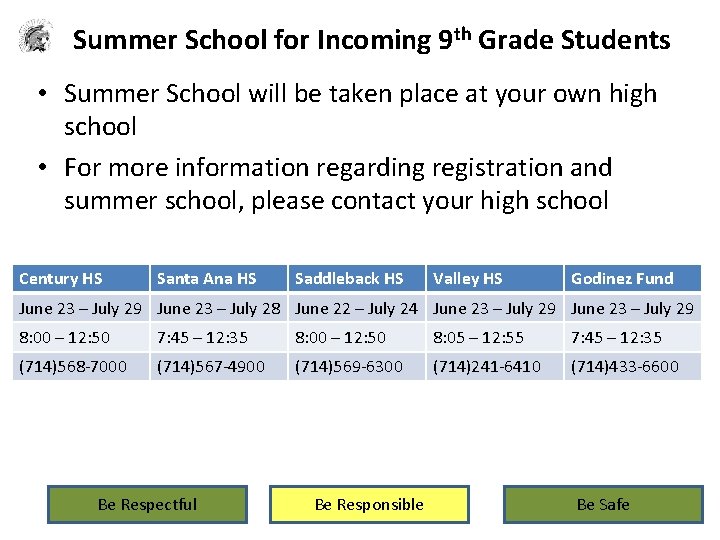Summer School for Incoming 9 th Grade Students • Summer School will be taken