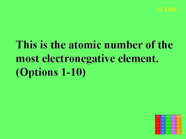 ? 3 $100 This is the atomic number of the most electronegative element. (Options