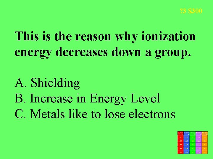 ? 3 $300 This is the reason why ionization energy decreases down a group.