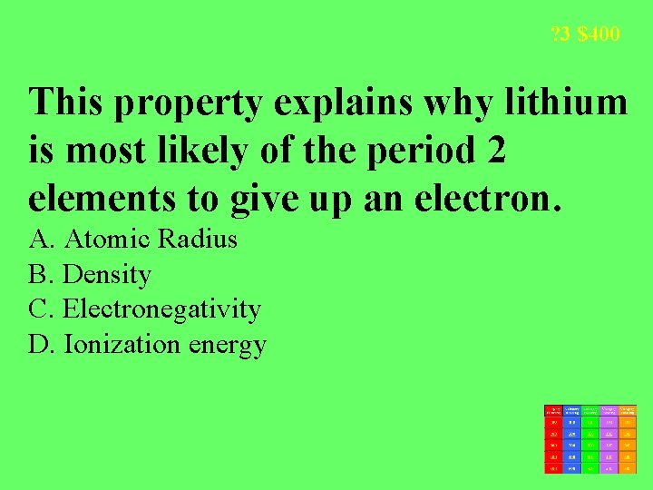 ? 3 $400 This property explains why lithium is most likely of the period