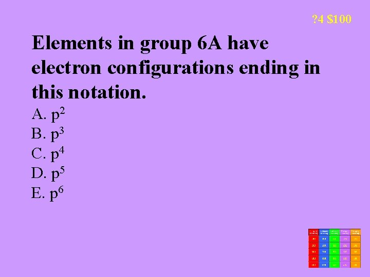? 4 $100 Elements in group 6 A have electron configurations ending in this
