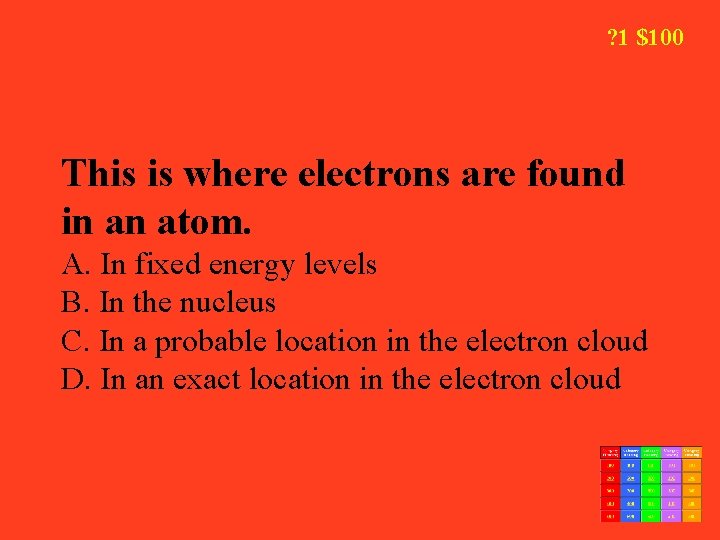 ? 1 $100 This is where electrons are found in an atom. A. In