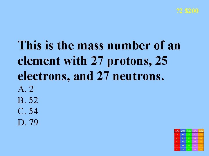 ? 2 $200 This is the mass number of an element with 27 protons,