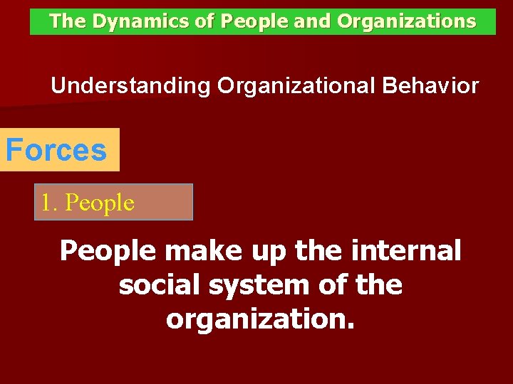 The Dynamics of People and Organizations Understanding Organizational Behavior Forces 1. People make up