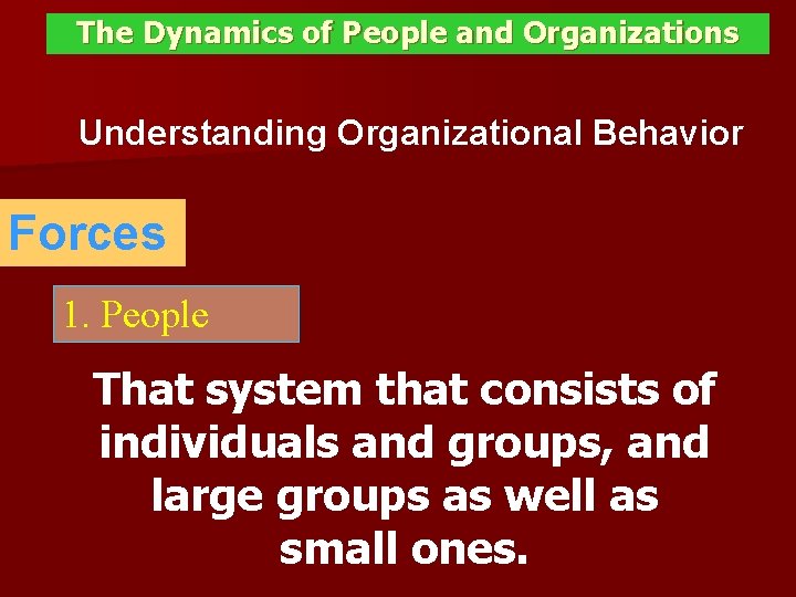 The Dynamics of People and Organizations Understanding Organizational Behavior Forces 1. People That system