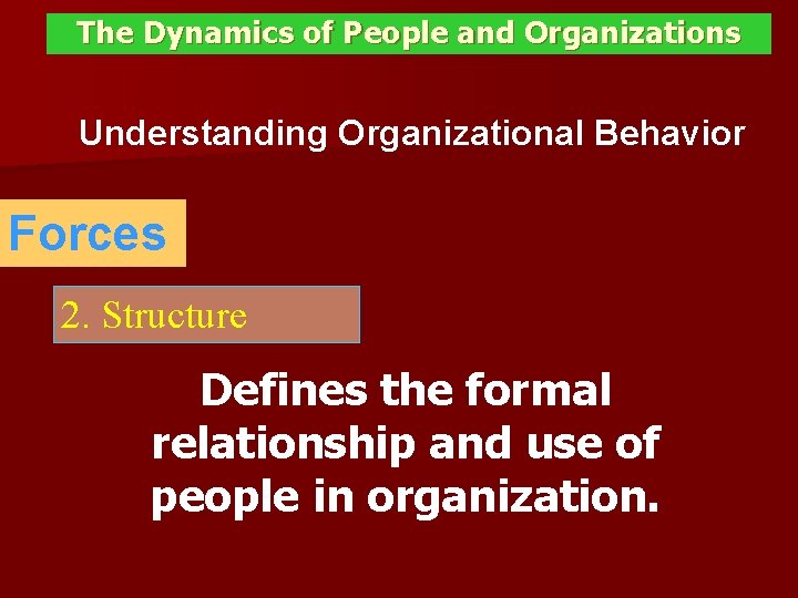 The Dynamics of People and Organizations Understanding Organizational Behavior Forces 2. Structure Defines the