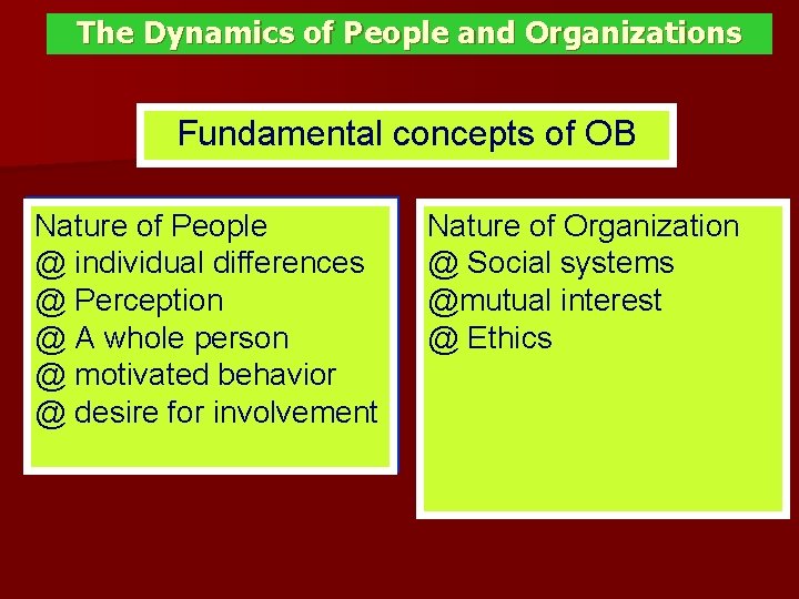 The Dynamics of People and Organizations Fundamental concepts of OB Nature of People @