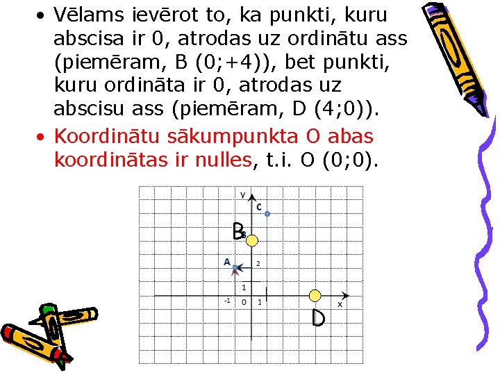  • Vēlams ievērot to, ka punkti, kuru abscisa ir 0, atrodas uz ordinātu
