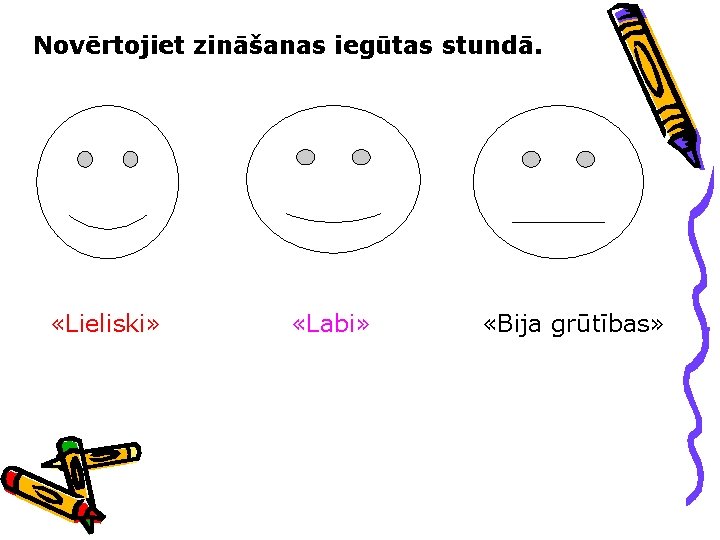 Novērtojiet zināšanas iegūtas stundā. «Lieliski» «Labi» «Bija grūtības» 