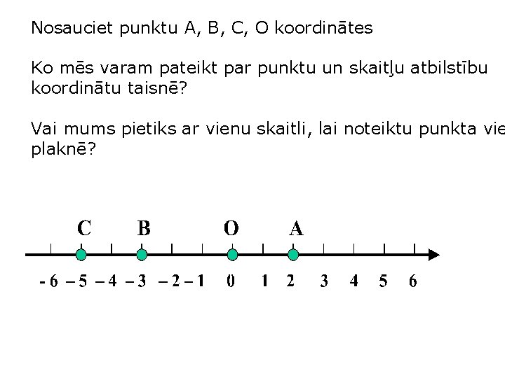 Nosauciet punktu А, В, С, О koordinātes Ko mēs varam pateikt par punktu un