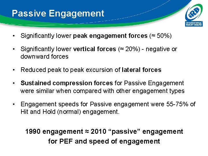 Passive Engagement • Significantly lower peak engagement forces (≈ 50%) • Significantly lower vertical