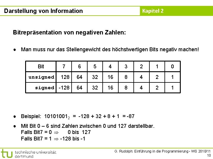 Kapitel 2 Darstellung von Information Bitrepräsentation von negativen Zahlen: ● Man muss nur das