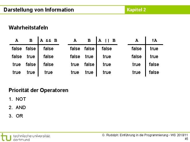 Kapitel 2 Darstellung von Information Wahrheitstafeln A B A && B A || B