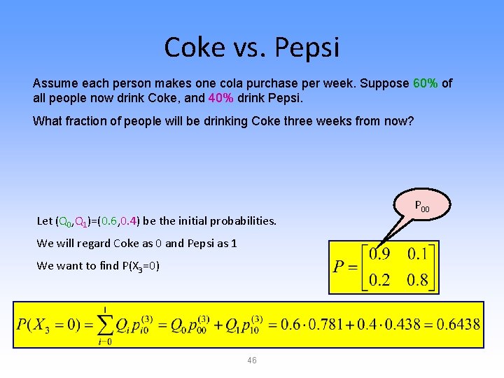 Coke vs. Pepsi Assume each person makes one cola purchase per week. Suppose 60%