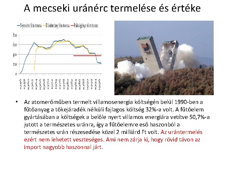 A mecseki uránérc termelése és értéke • Az atomerőműben termelt villamosenergia költségén belül 1990