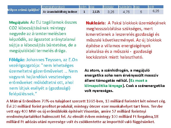 Milyen erőmű épüljön? Energiahordozó szén olaj földgáz Az áramönköltség indexe 1 2, 125 3,