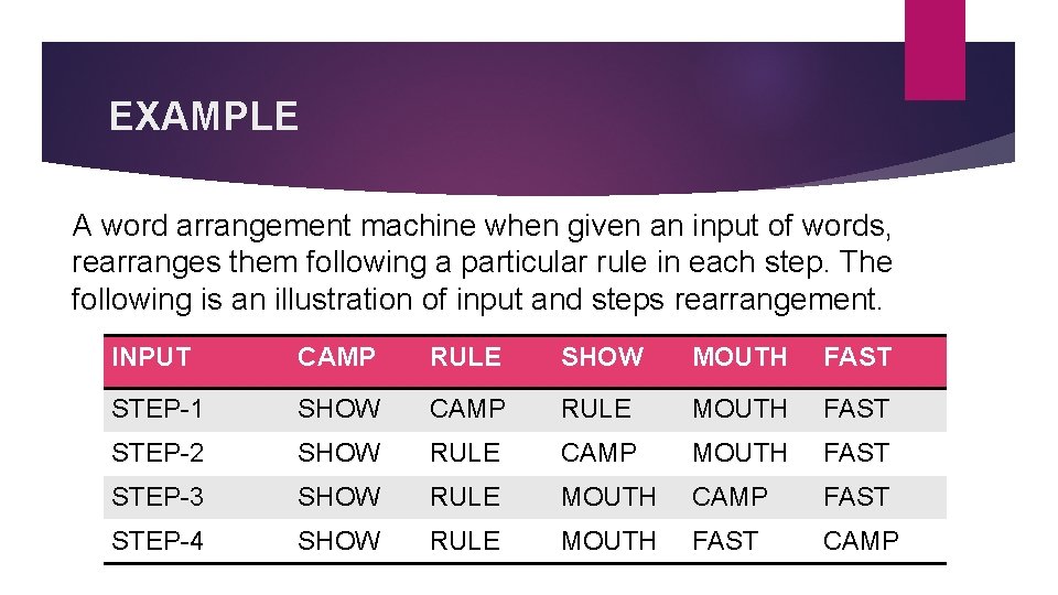 EXAMPLE A word arrangement machine when given an input of words, rearranges them following