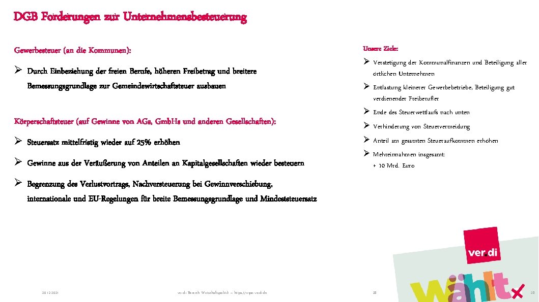 DGB Forderungen zur Unternehmensbesteuerung Unsere Ziele: Gewerbesteuer (an die Kommunen): Ø Durch Einbeziehung der