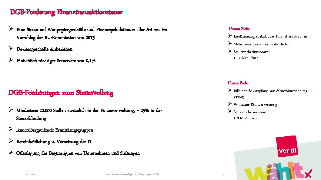 DGB-Forderung Finanztransaktionsteuer Ø Eine Steuer auf Wertpapiergeschäfte und Finanzspekulationen aller Art wie im Vorschlag