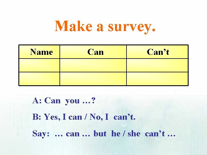 Make a survey. Name Can’t A: Can you …? B: Yes, I can /
