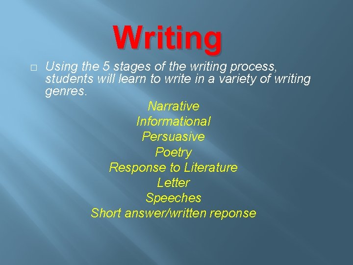Writing � Using the 5 stages of the writing process, students will learn to