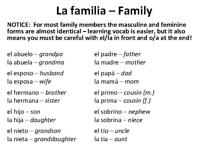 La familia – Family NOTICE: For most family members the masculine and feminine forms