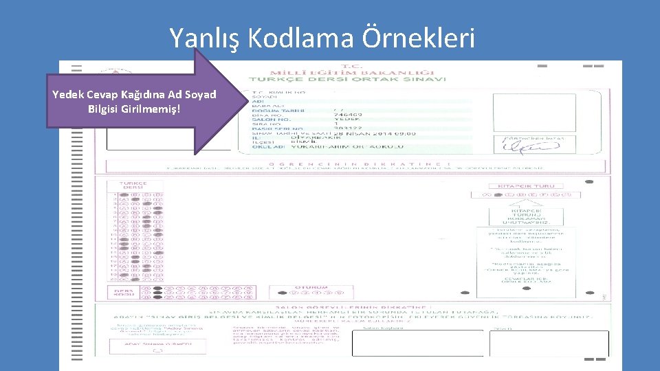 Yanlış Kodlama Örnekleri Yedek Cevap Kağıdına Ad Soyad Bilgisi Girilmemiş! 