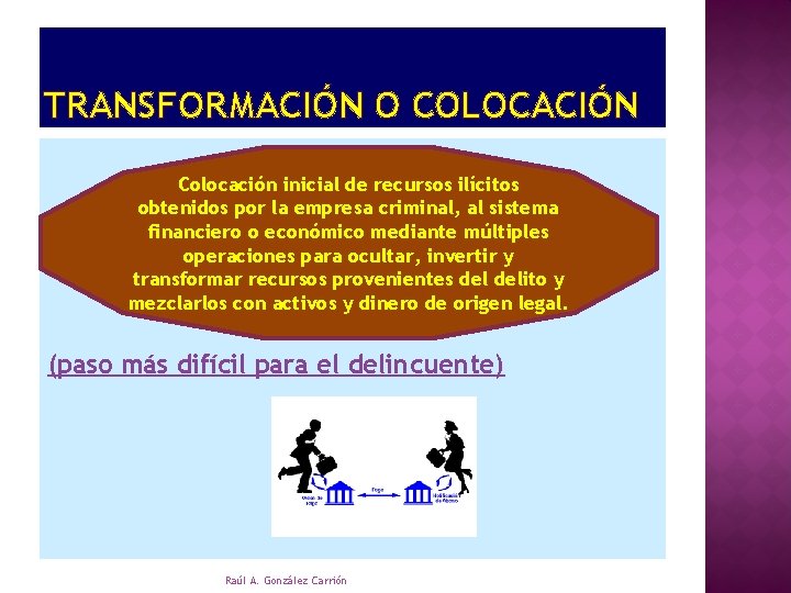 TRANSFORMACIÓN O COLOCACIÓN Colocación inicial de recursos ilícitos obtenidos por la empresa criminal, al