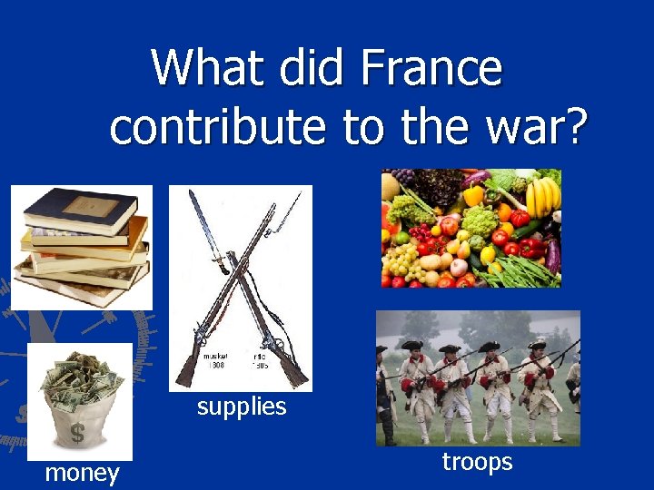 What did France contribute to the war? supplies money troops 