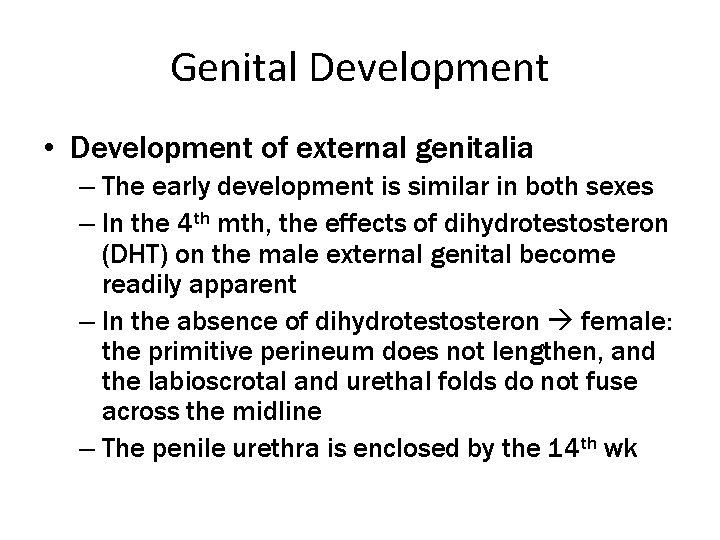 Genital Development • Development of external genitalia – The early development is similar in