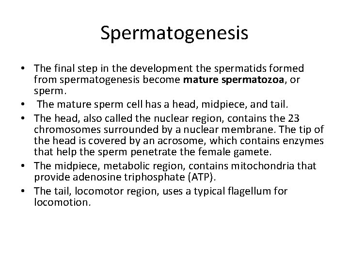 Spermatogenesis • The final step in the development the spermatids formed from spermatogenesis become