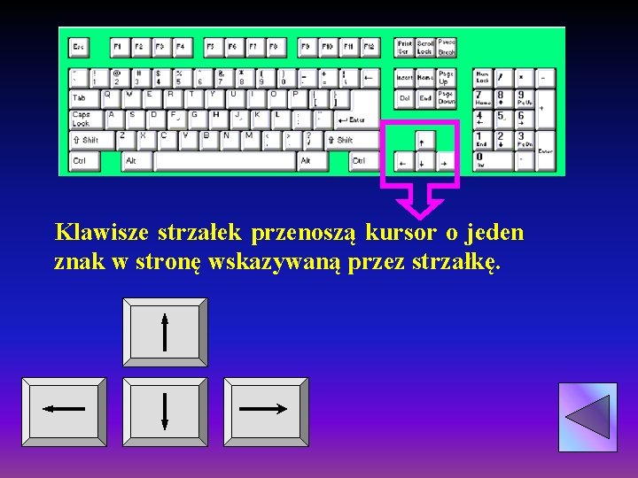 Klawisze strzałek przenoszą kursor o jeden znak w stronę wskazywaną przez strzałkę. Klawisze strzałek przenoszą kursor o jeden znak w stronę wskazywaną przez strzałkę.