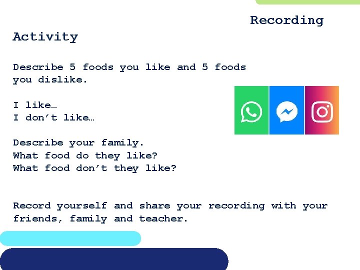 Recording Activity Describe 5 foods you like and 5 foods you dislike. I like…