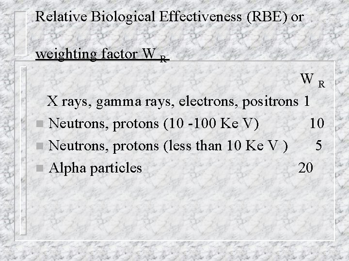 Relative Biological Effectiveness (RBE) or weighting factor W R WR X rays, gamma rays,