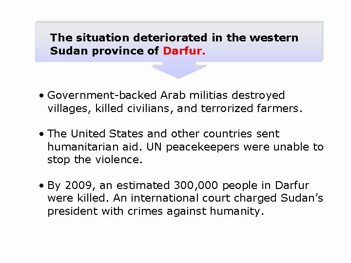 The situation deteriorated in the western Sudan province of Darfur. • Government-backed Arab militias