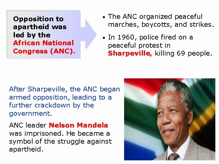 Opposition to apartheid was led by the African National Congress (ANC). • The ANC
