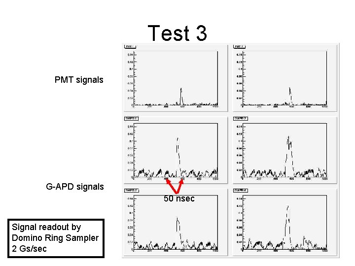 Test 3 PMT signals G-APD signals 50 nsec Signal readout by Domino Ring Sampler