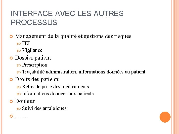 INTERFACE AVEC LES AUTRES PROCESSUS Management de la qualité et gestions des risques FEI