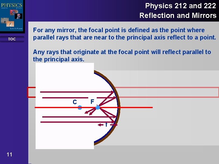Physics 212 and 222 Reflection and Mirrors TOC For any mirror, the focal point
