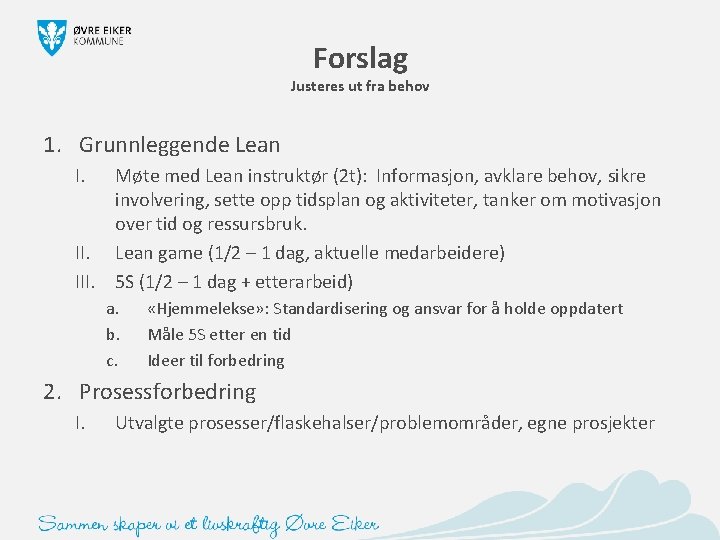 Forslag Justeres ut fra behov 1. Grunnleggende Lean I. Møte med Lean instruktør (2