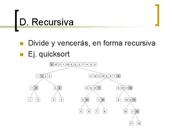 D. Recursiva n n Divide y vencerás, en forma recursiva Ej. quicksort 