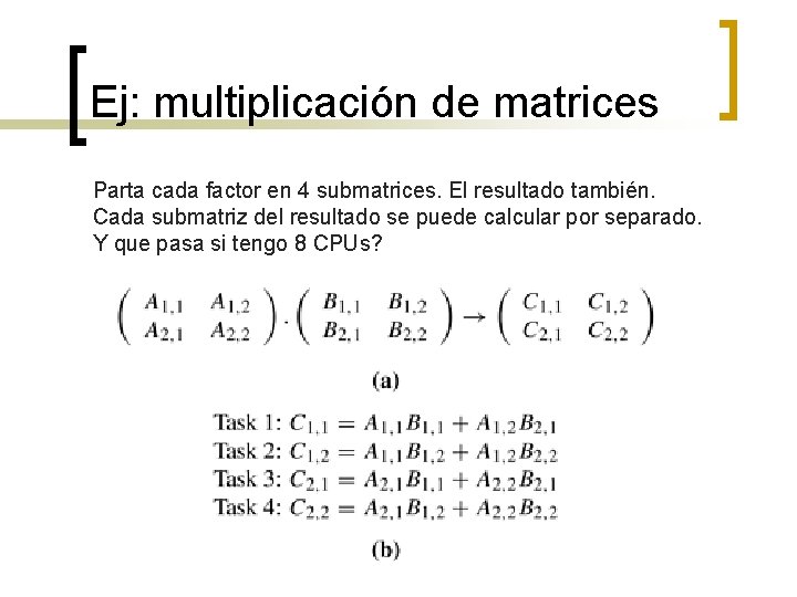Ej: multiplicación de matrices Parta cada factor en 4 submatrices. El resultado también. Cada