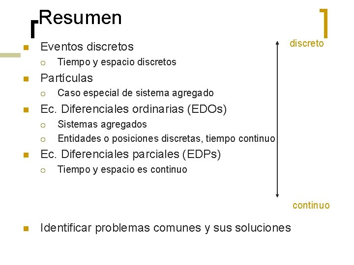 Resumen n Eventos discretos ¡ n Caso especial de sistema agregado Ec. Diferenciales ordinarias