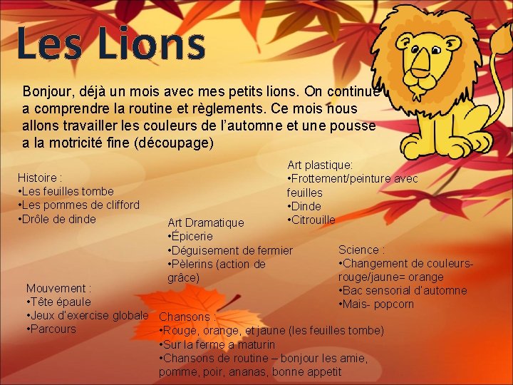 Les Lions Bonjour, déjà un mois avec mes petits lions. On continue a comprendre