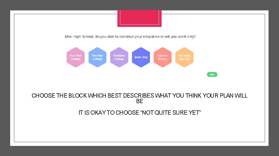 CHOOSE THE BLOCK WHICH BEST DESCRIBES WHAT YOU THINK YOUR PLAN WILL BE IT