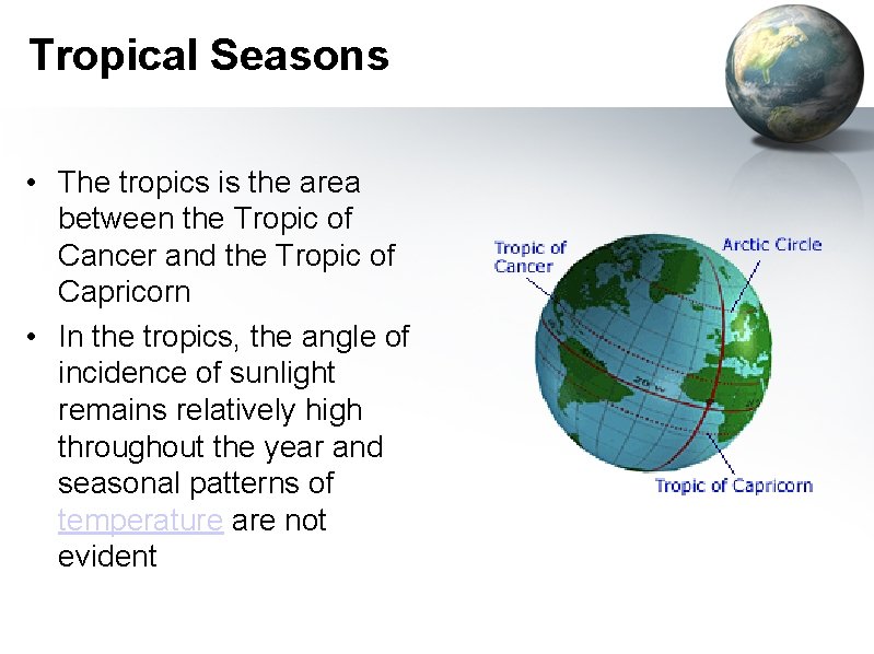 Tropical Seasons • The tropics is the area between the Tropic of Cancer and