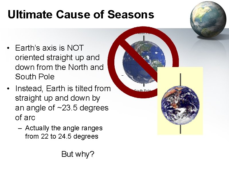 Ultimate Cause of Seasons North Pole • Earth’s axis is NOT oriented straight up