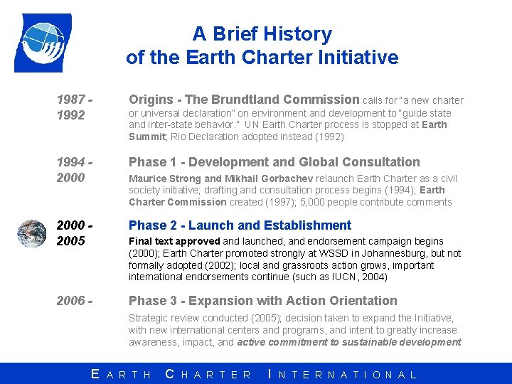 A Brief History of the Earth Charter Initiative 1987 1992 Origins - The Brundtland