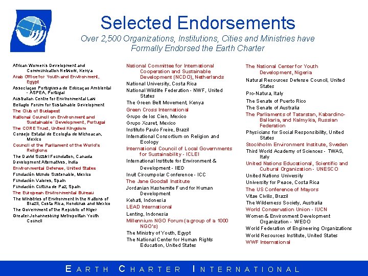 Selected Endorsements Over 2, 500 Organizations, Institutions, Cities and Ministries have Formally Endorsed the
